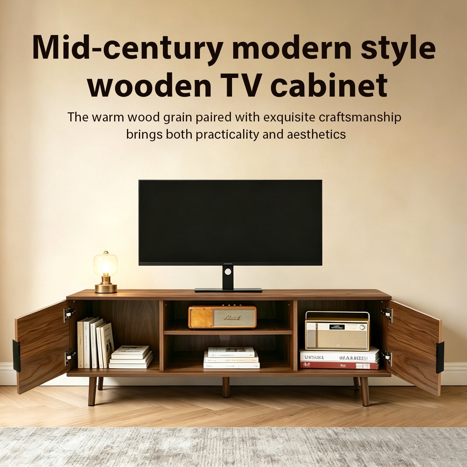 Hommoo 54.3" Mid Century Modern Fluted TV Stands with Open Shelves, TV Console Entertainment Center TV Media Cabinet for Bedroom, Living Room, Walnut