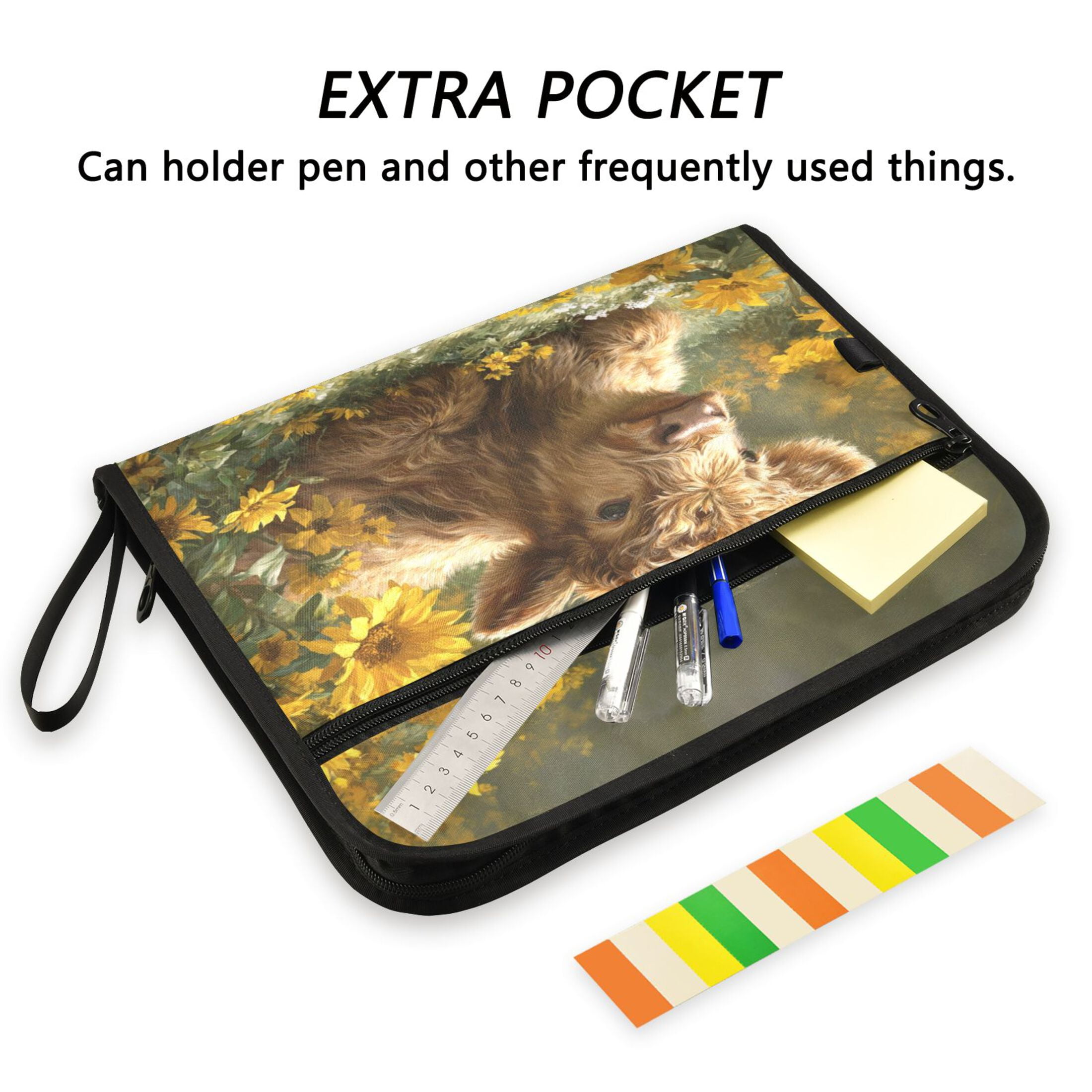 Accordion File Organizer with Zip Closure 13 Pockets Expanding File Folder Letter A4 Paper Document Organizer for Home Office Cow Lying in Sunflowers