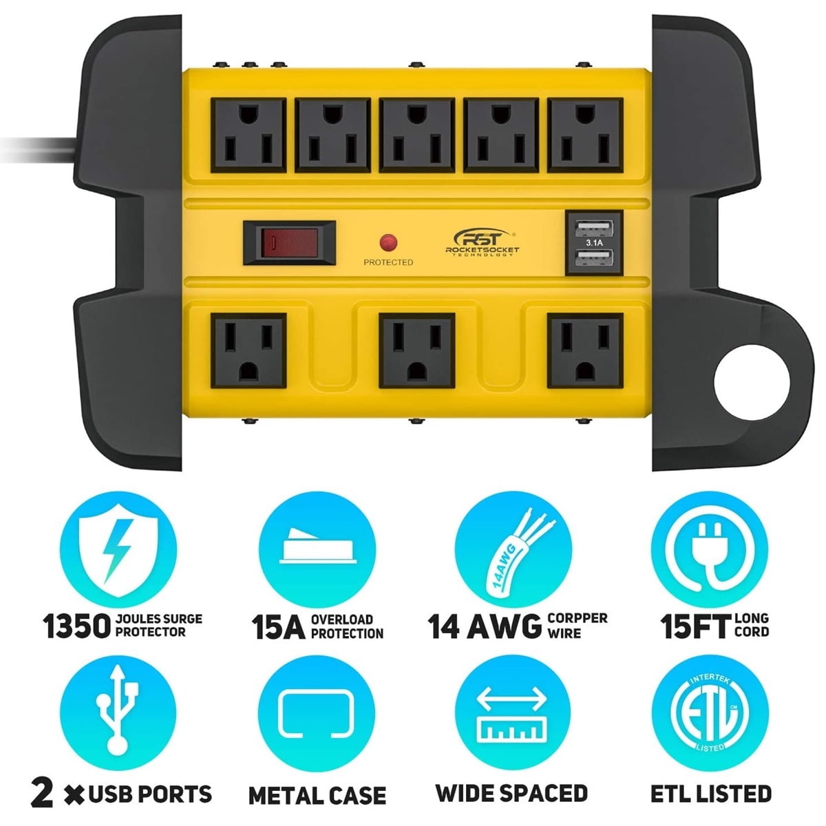 CRST Surge Protector Power Strip with USB Dual Ports 1350J Metal Heavy Duty 8 Outlets 15FT Long Extension Cord, Mountable & Hanging, ETL Listed