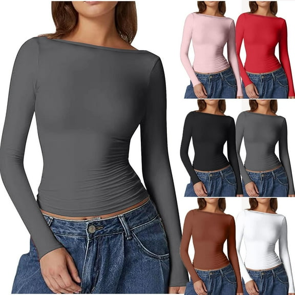 ATOYSOY Women's Solid Color Pullover Spring Casual Blouse Fashion Crew Neck Sweatshirts Slim Basic Tops Long Sleeve Shirts Winter Workout Black L