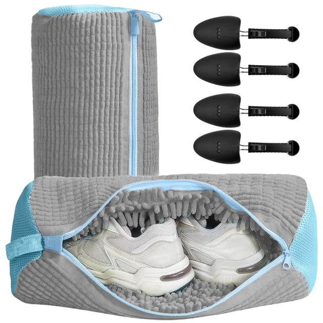 2 Piezas Bolsa de Lavado de Zapatos, Bolsa para Lavar Tenis en Lavadora, Bolsas para Zapatos Reutilizable con 2 Arbol de Hormas para Zapatos Ajustable, para Zapatos de Gimnasio, Tenis (Gris)