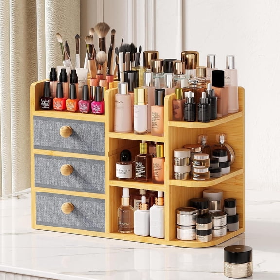 X-COSRACK Large Bamboo Makeup Organizer for Vanity, 3-Tier Cosmetic Skincare Countertop Storage with 3 Drawers, 3 Brush Holders & 7 Shelves, Natural Wood