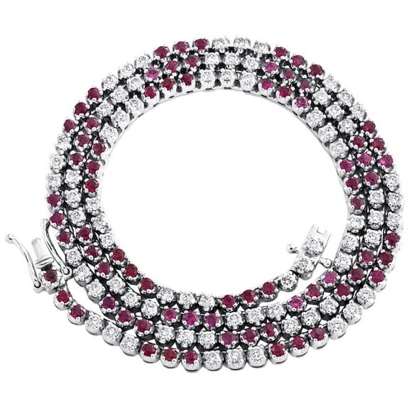 14K White Gold Real Ruby & Diamond Prong Set 18" Tennis Necklace Chain 5.75 CT.