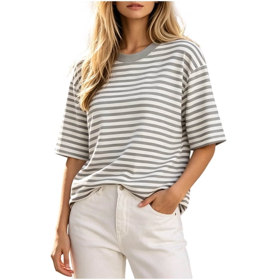 yillto Womens Striped Tee Oversized Baggy Short Sleeve Tops Casual Crewneck Loose Summer Tshirts