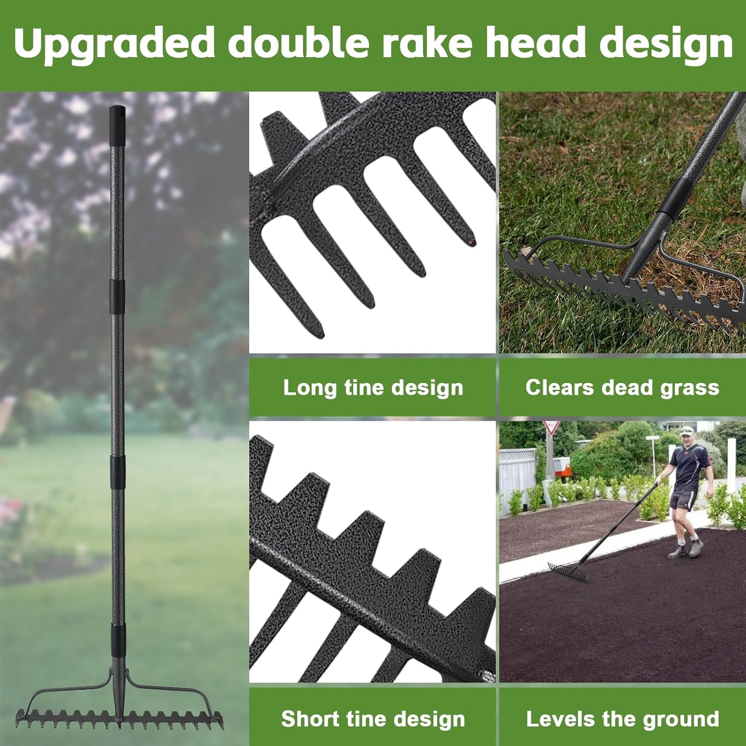 LCOKEIY 77" Adjustable Garden Rake for Leaves with 17 Tines, Heavy Duty Metal Thatch Rake for Lawn Yard Loosening soil