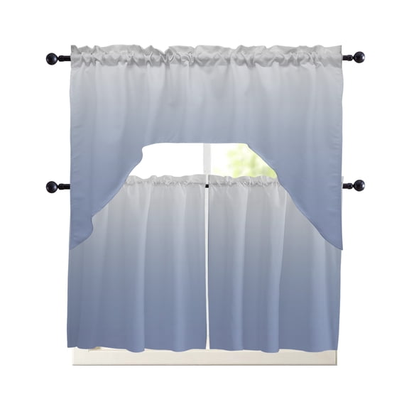 Minimalist Blue 3 Piece Swag Kitchen Curtains Set and Grey Gradient Valance and Tier Curtains 24 In Long, 56" x 36" Window Topper for Cafe Bathroom Bedroom