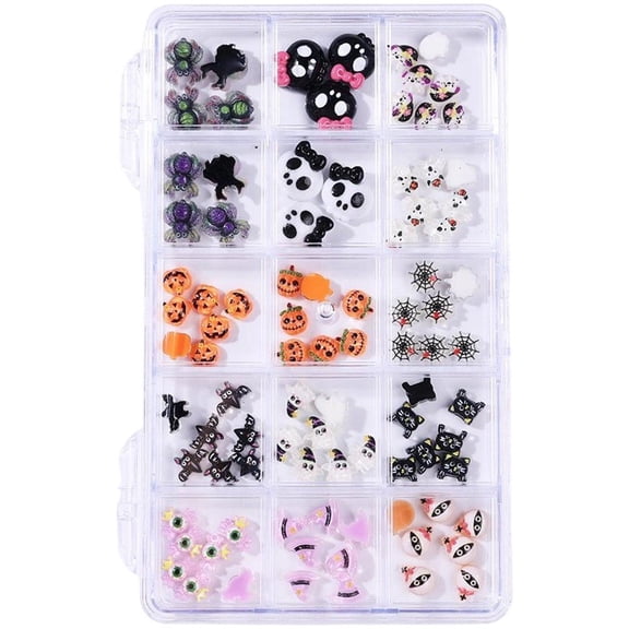 Slccxzc Resin Halloween Nail Charms 15-Grid Set Ghost Skull Pumpkin Bat Nail Gems DIY Manicure Decor 1-Set