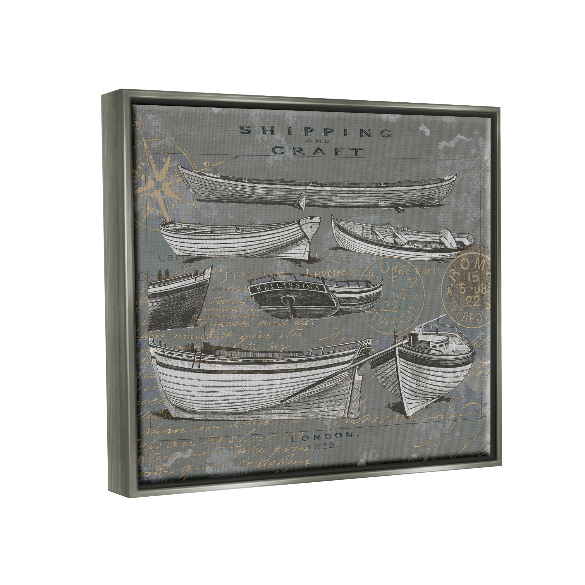 Stupell Shipping & Craft Various Boats Diagram Transportation Painting Gray Floater Framed Art Print Wall Art