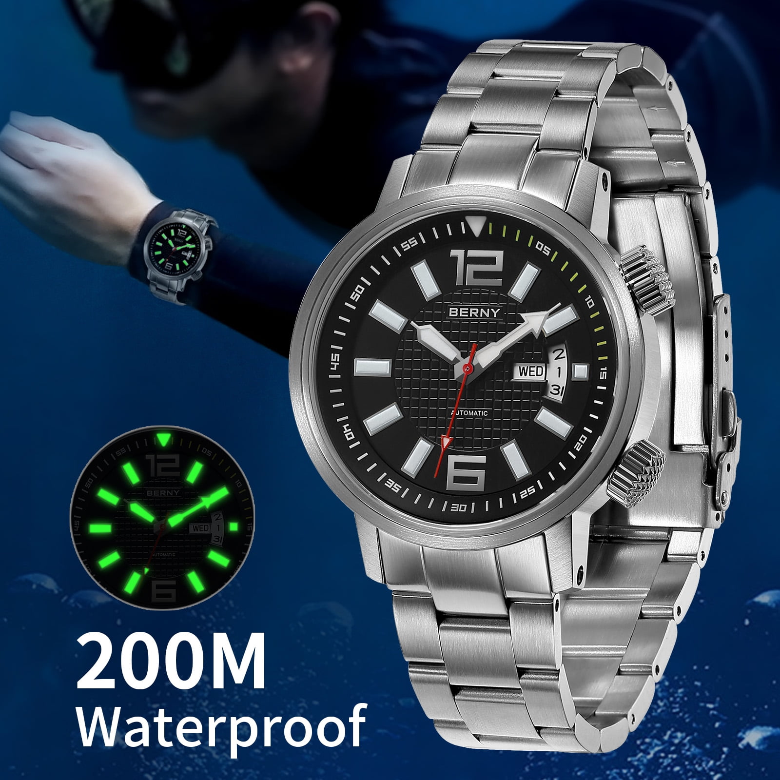 BERNY Automatic Dive Watches for Men, Sport 200M Waterproof Analog Mechanical Watch with Day & Date Calendar, Super Luminous, Stainless Steel, Sapphire Crystal, Fashion Men's Pro Diver Watch (Black)