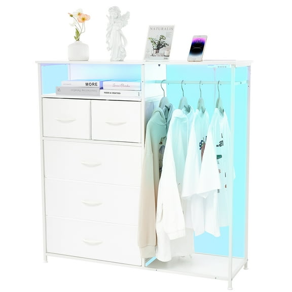 White Dresser for Closet,Dresser for Kids Bedroom, Dresser with Hanging Rack, Clothes Dresser with Clothes Rack, White Bedroom Dresser with 5 Fabric Chest of Drawers with PU Storage Organizer