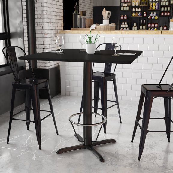 BizChair 42'' Square Black Laminate Table Top with 33'' x 33'' Bar Height Table Base and Foot Ring
