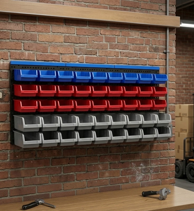 45 Pcs Wall Mounted Storage Bins with 3 Peg Boards Set, Garage Organizer Storage Shelf Unit