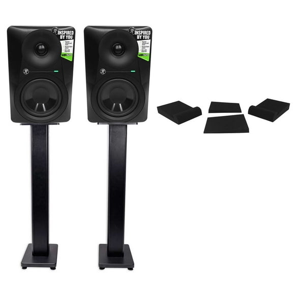 (2) Mackie MR524 5” 100 Watt Powered Active Studio Monitors Stands Pads
