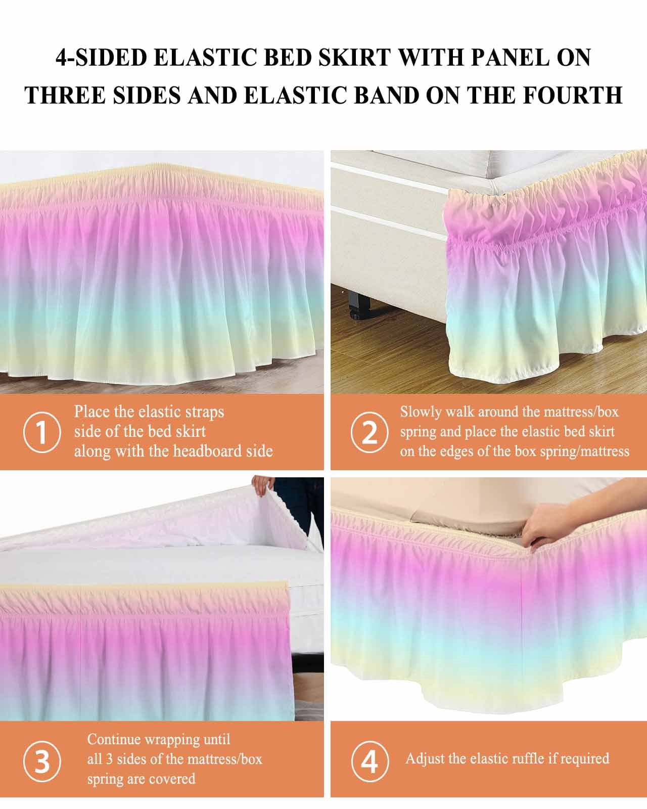Pink Blue Bed Skirt King Size 16" Drop Purple Yellow Gradient Ruffled Wrap Around Bed Skirts Adjustable Elastic Bedskirt Dust Ruffle for King Size Bed
