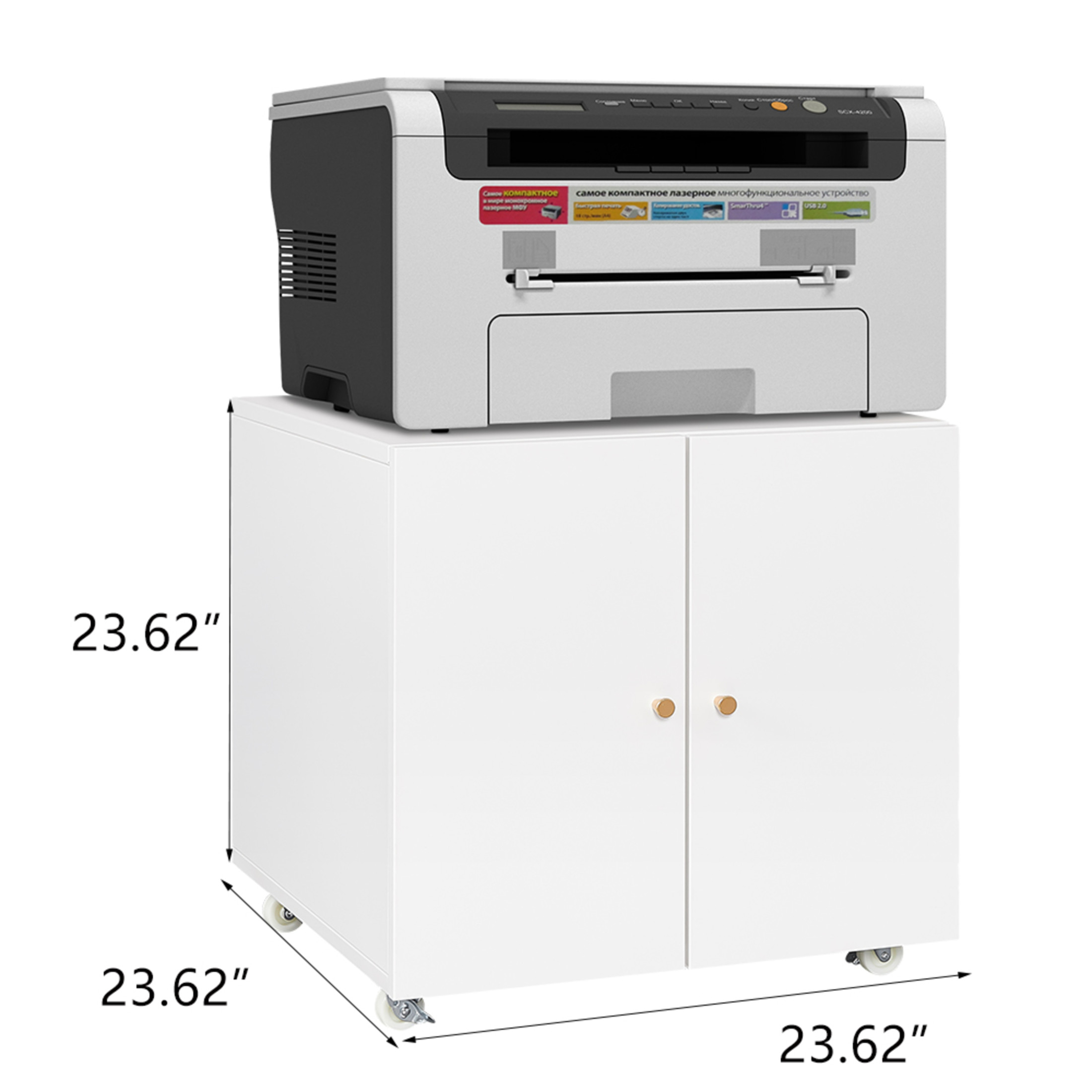 Noble House 23.6"H Metal Printer Stand Cabinet with 360° Lockable Wheels & Adjustable Shelves, White