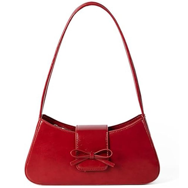 Bolso de hombro Amszke Y2K Trendy Bow Red Leather para mujer