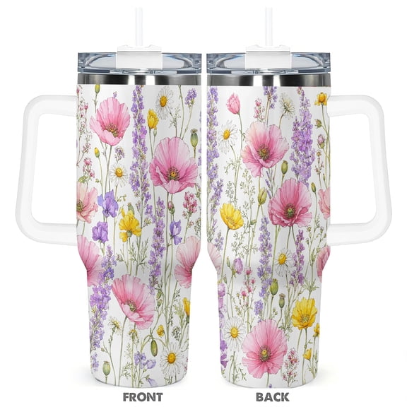 Farmhouse Wildflower Pink Poppy 40oz Travel Tumbler With Handle And Straw Insulated Stainless Steel Cup