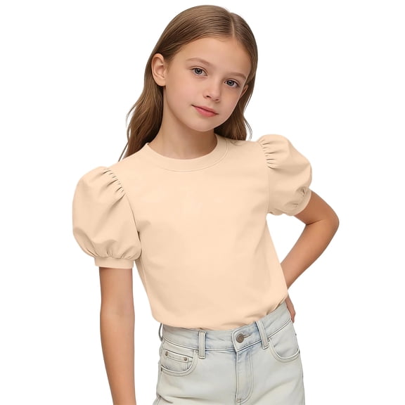Girls Puff Short Sleeve Shirt Kids Crew Neck Casual Summer Tops Short Sleeve Solid Cute Tee Blouses 10 Years, Beige