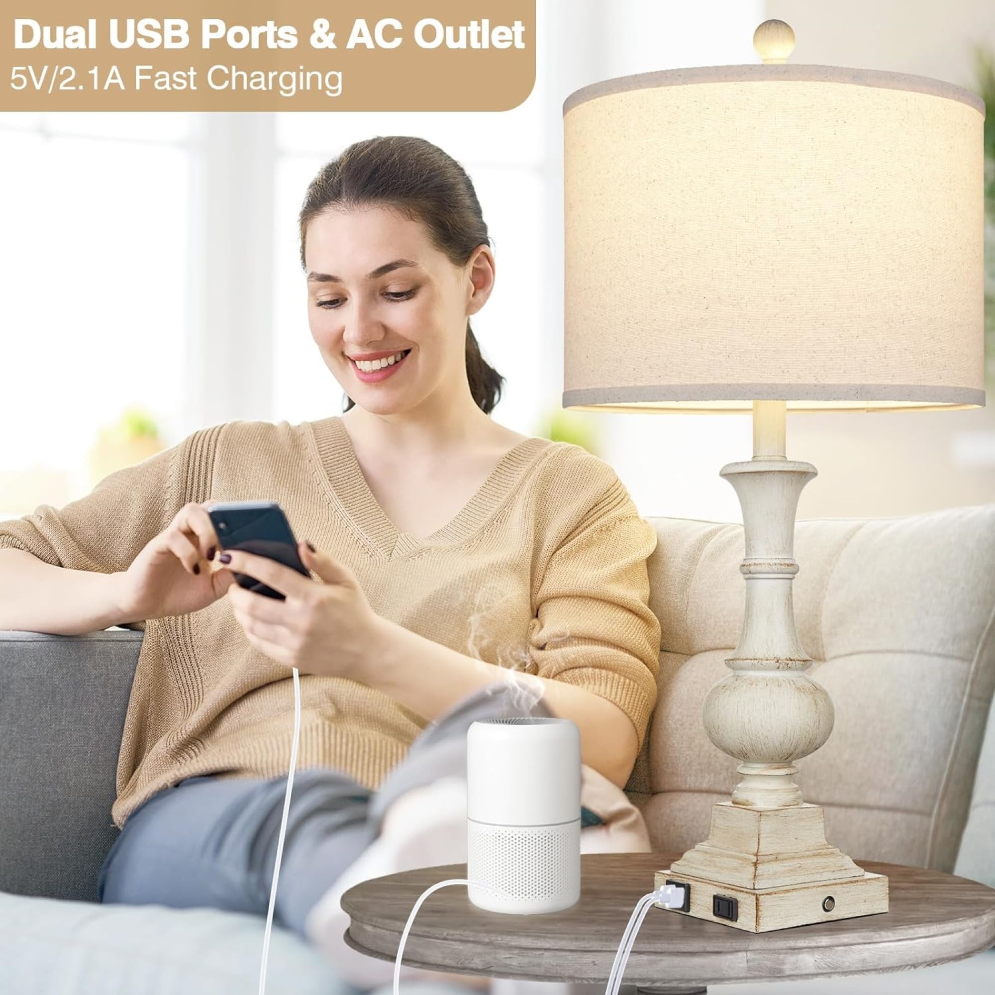 Cinkeda 3 Way Dimmable Touch Table Lamp Set of 2 for Bedroom Living Room Modern Farmhouse Resin Bedside Nightstand Lamps with USB Ports AC Outlet