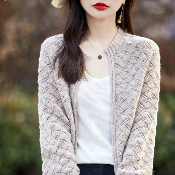 100% wool cardigan new 24 women‘s O-neck sweater versatile and minimalist spring/summer knitted hollow out women‘s wool thin coa