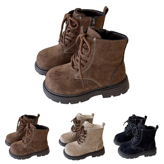 Dakaela 3-12Y Toddler Boys Girls Work Boots Suede Furry Lined Combat Ankle Booties Lace up Side Zipper Hiking Walking Shoes Black
