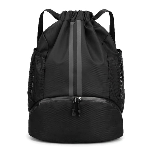 Sports Drawstring Backpack, String Swim Gym Bag with Shoes Compartment & Wet Proof Pocket, Lightweight Travel Daypack for Women & Men - Black