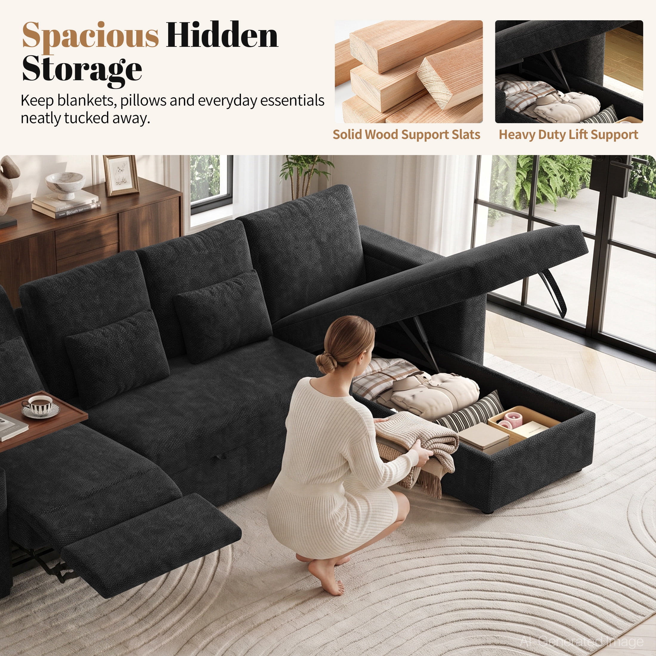 Aenkyo 108" L-Shaped Sectional Sleeper Sofa with Pull Out Bed, Recliner and Storage Chaise, Black