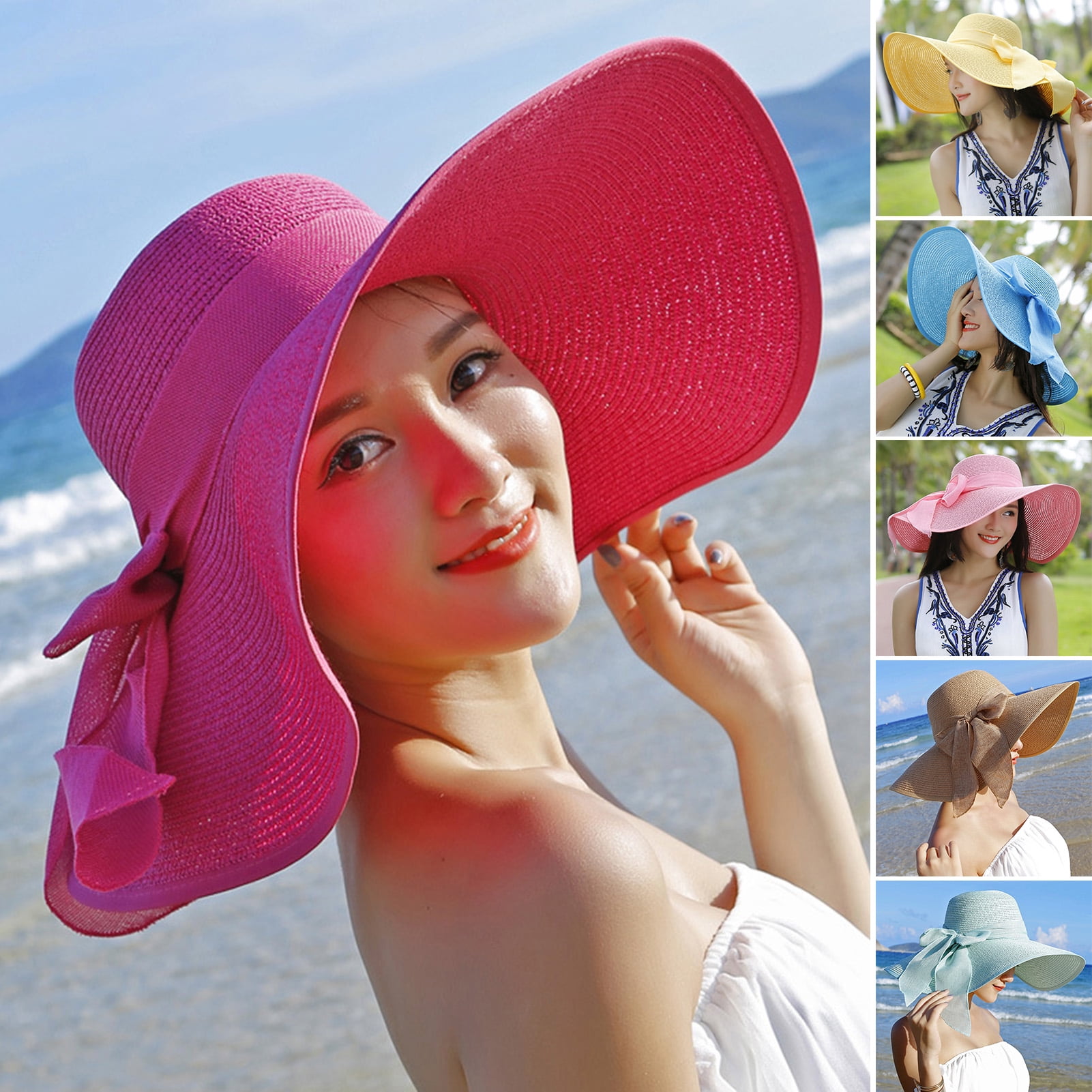Hesroicy Sun Hat Floppy Big Brim Sweat Absorbing Soft Knitted UV Protection  Solid Color Folding Ribbon Bowknot Summer Straw Cap for Beach