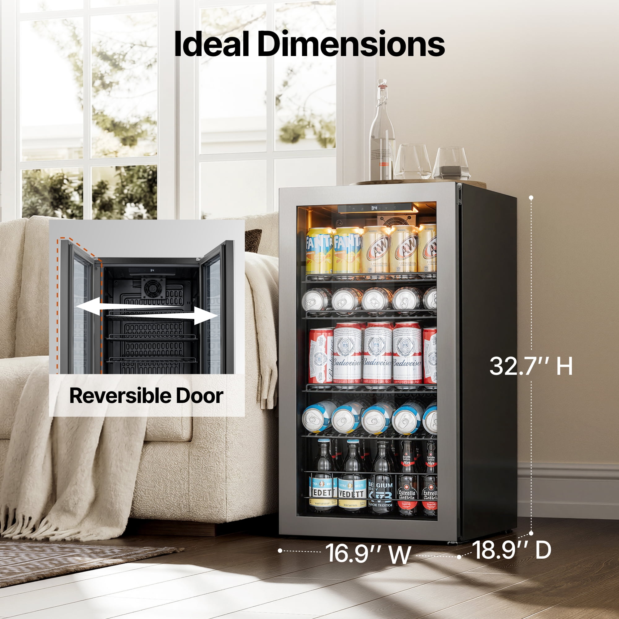 Ca'Lefort Beverage Refrigerator Cooler,95-121 Can Freestanding Beverage Fridge,with Glass Door for Home/Bar/Office