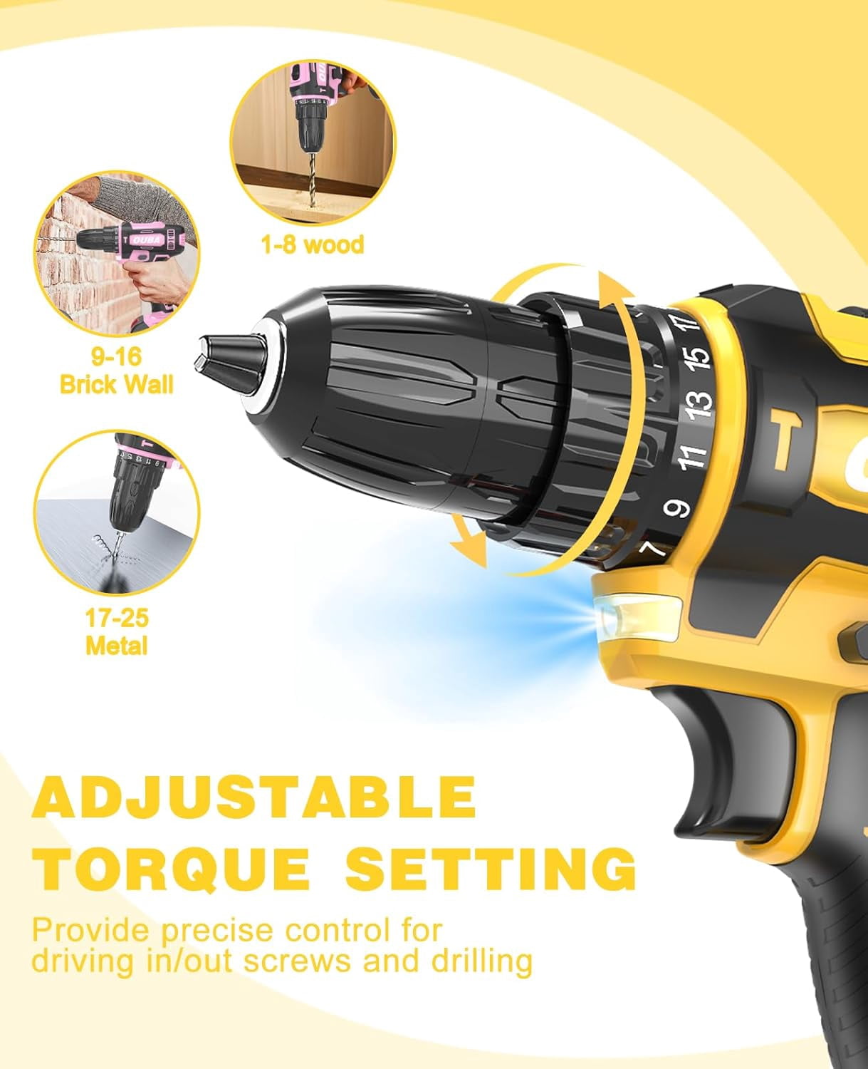 Cordless Drill Set,Electric Drills with Battery and Charger,Built-In LED for Home