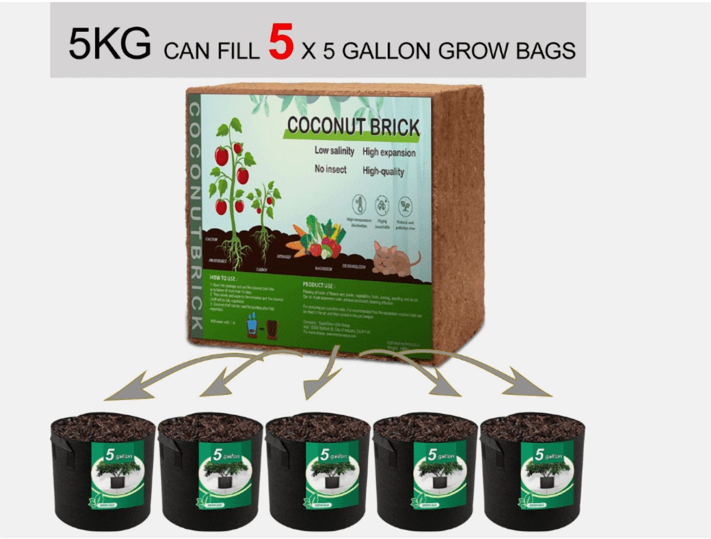 5000g (60L) Coco Fiber Coir Brick – Low Salt, Organic Soil Amendment & Growing Medium for Plants
