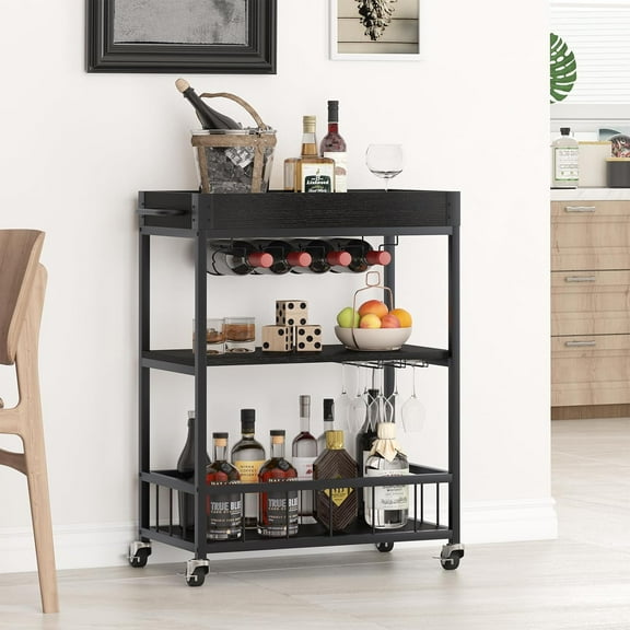 Bar Cart Serving Wine 3 Tier Home Rolling Rack with Wheels Mobile Kitchen Industrial Vintage Style Wood Metal Serving Trolley Serving Cart, Drink Cart for Living Room Kitchen