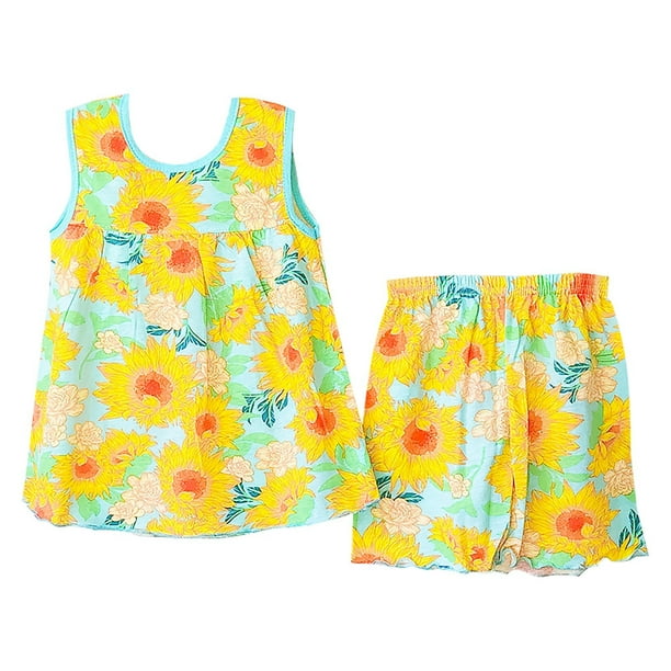 Odeerbi 1-3 Años Conjunto de Verano Para Niña Camiseta de Tirantes de Algodón Con Estampado de Girasoles Pantalón Corto Conjunto de Dos Piezas
