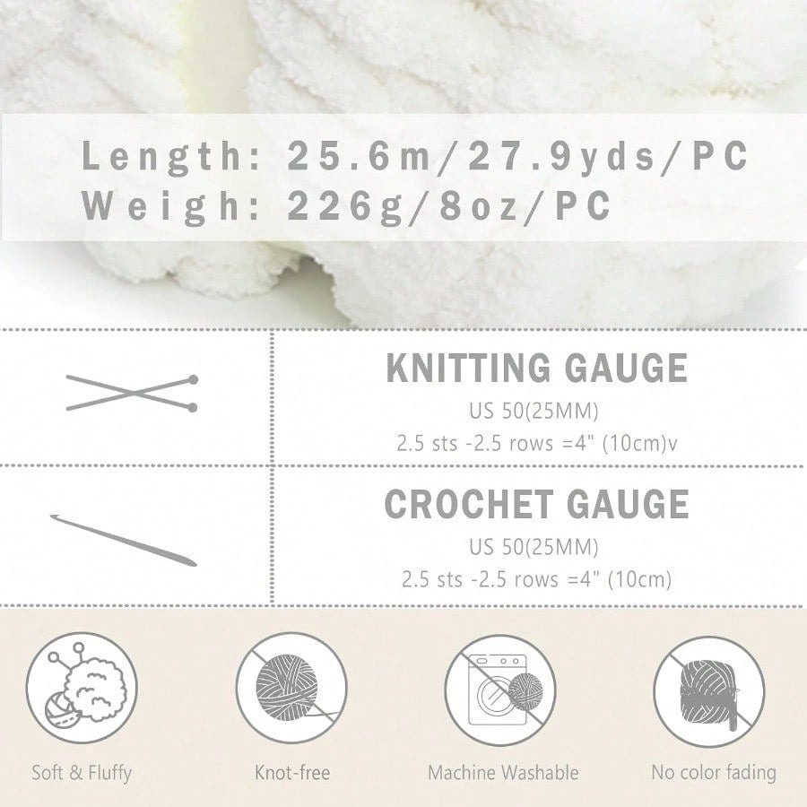 8 Pack Giant Chunky Yarn for Crocheting/Hand Knitting Blanket Extra Thick Yarn er Bulky Large Soft Fluffy Plush Fuzzy Thick Chenille Yarn-1 Pack of 226g/7.97oz- Knitting/Crochet-White