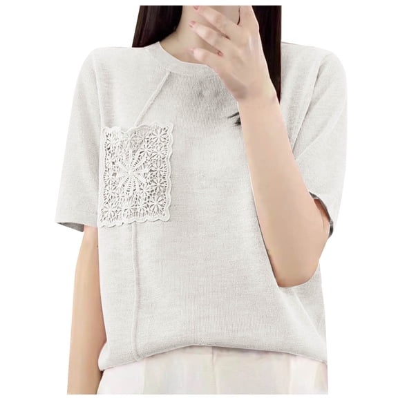Womens Knitted Summer Tops, Short Sleeve Pullover for Women Fashion Loose Fit Solid Color Lace Patchwork Crewneck Sweaters