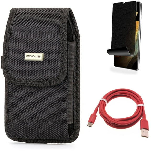 Case Belt Clip & Privacy Screen Protector & 6ft USB-C Cable for Samsung Galaxy S21 Ultra Phone - Rugged Holster & TPU Film Fingerprint Works & Red Charger Cord Accessory Bundle