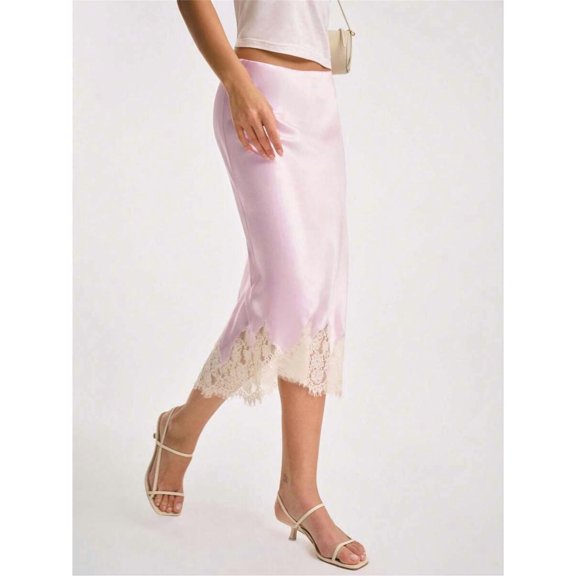 Pink Satin Lace Trim Midi Skirt High Waist Slim Pencil Skirt