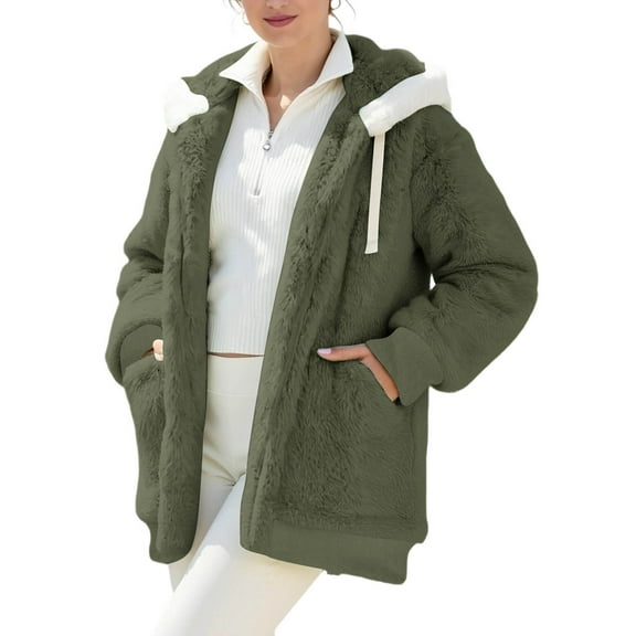 ZHYou Womens Fuzzy Fleece Hooded Jackets,Plush Sherpa Hoodef Coats with Sherpa Lined Hood, Warm Soft Winter Outerwear,Army Green,Size:L