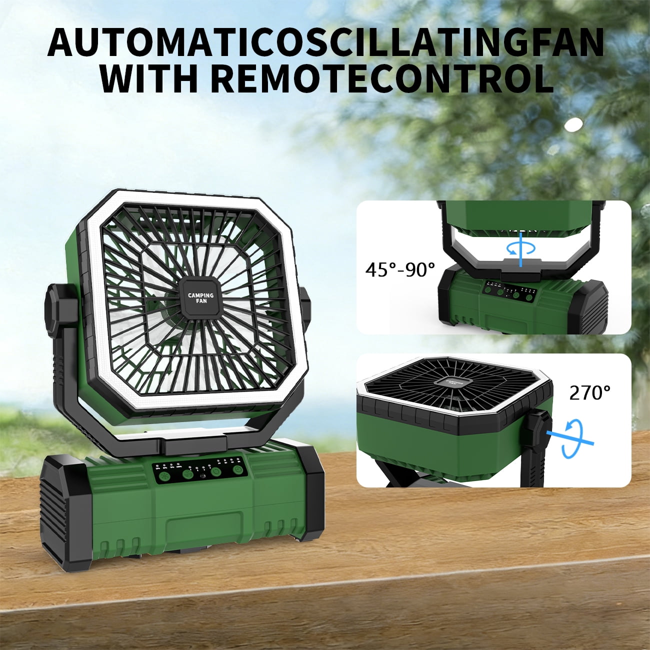 SuperRGB Portable Camping Fan, 20000mAh Rechargeable Battery Operated Fan with LED Light & Remote, 4 Speeds, Timer & Hanging Hook for Tent, Outdoor, Travel, Emergency, Green