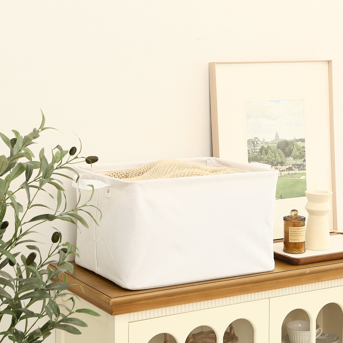Sea Team 2-Pack Large Canvas Storage Bins for Shelves with Metal Frame, Rectangle Storage Baskets, Closet Organizers, Foldable Laundry Hampers, Containers for Clothing, Blankets, Toys, White