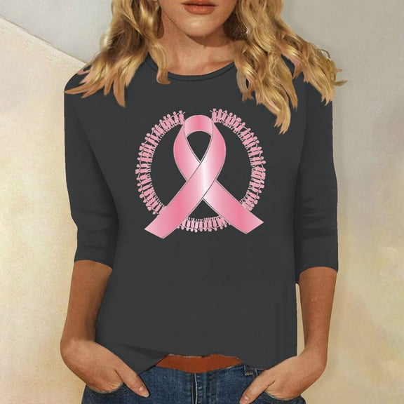 Alkepwun Womens Breast Cancer Awareness T Shirts Pink Ribbon Support T-Shirt Breast Cancer Shirt Inspirational Tees 3/4 Sleeve Tops
