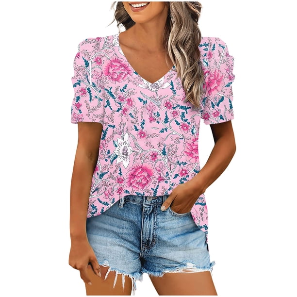 Blusas de Manga Corta para las Mujeres, Blusa de Camiseta Suelta Casual Hecha de Tela Cómoda para Todo el Uso Diario de Temporada, Blusas para las Mujeres Casual