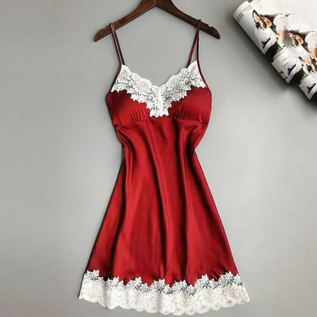 

WGOUP Satin Sleepwear Women Ladies Nightwear Nightdress Sexy Lingerie with Chest Pads Red(Buy 2 Get 1 Free)