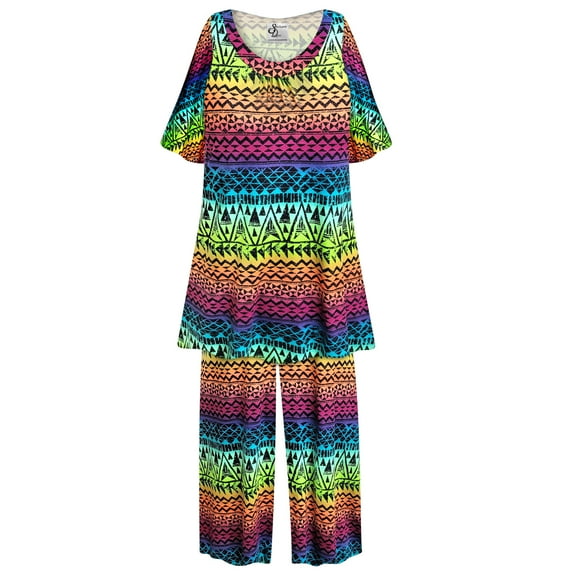 Plus Size Women’s Short Sleeve Sleepwear with Long Pants Soft Loungewear Colorful Abstract Print Pajama Set Petite XL 0x