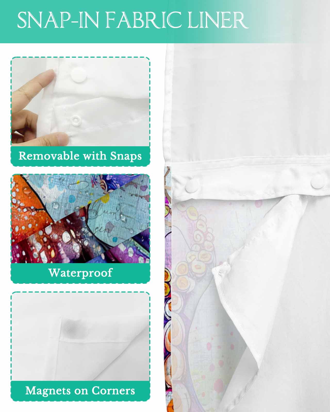 No Hook Shower Curtain with Snap in Liner, Watercolor Summer Ocean Octopus Blue Hotel Shower Curtains for Bathroom, Washable Shower Curtain Liner Set with Mesh Top Window, 36"x78"
