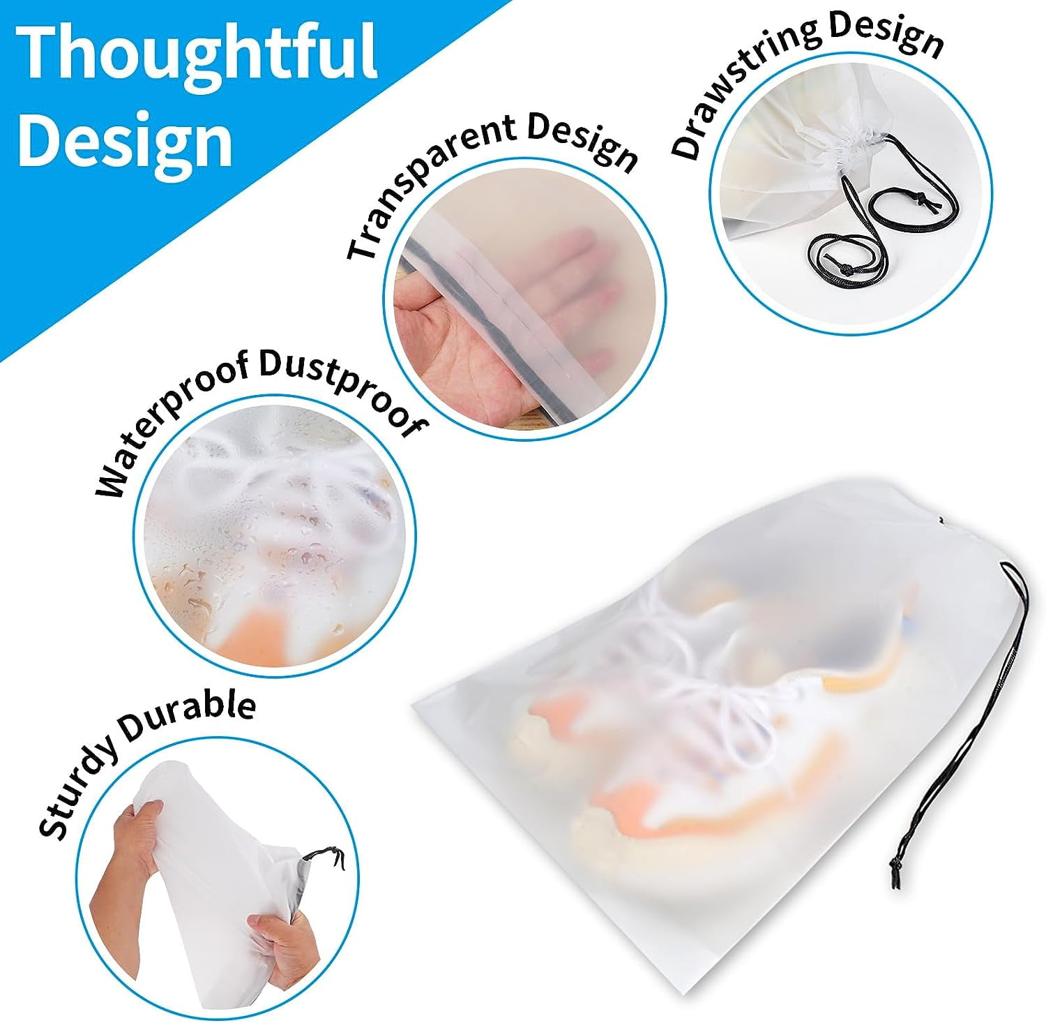 Shoe Bags for Travel, 5 PCS Large Transparent Travel Shoe Bags for Packing, Clear Drawstring Travel Shoe Storage Bag, Portable Shoes Organizer Pouch with Rope for Men and Women （17.3" X 12.6"）