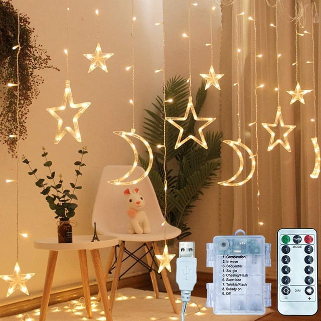 Cortina String Light Star Moon Light Con 8 Modos De Iluminación Con Temporizador Remoto Usb Batería Regulable Fairy String Para Ventana Pared Decoración Del Hogar Methold HA035945-00
