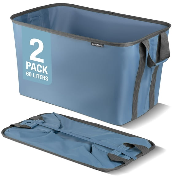 CleverMade Cestas plegables para la colada, color vaquero/gris sombra, 2 unidades, 60 L (16 gal), cesta plegable para la colada con marco de alambre emergente resistente y asas de transporte, cesta pl