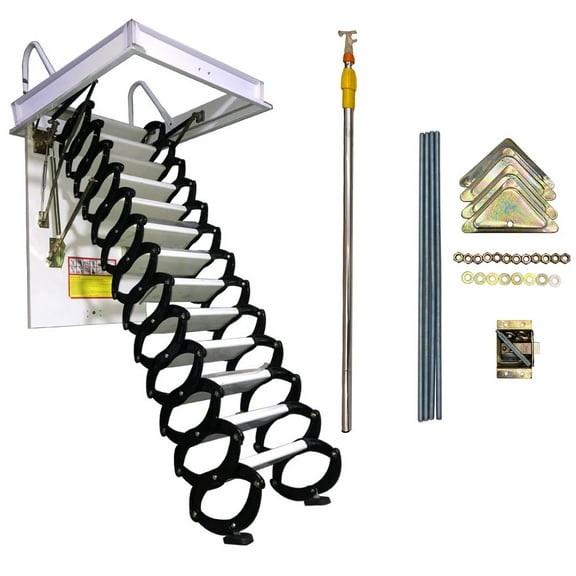 Black-White Retractable Folding Stairs 13 Steps Al-Mg Alloy Attic Extension Ladder