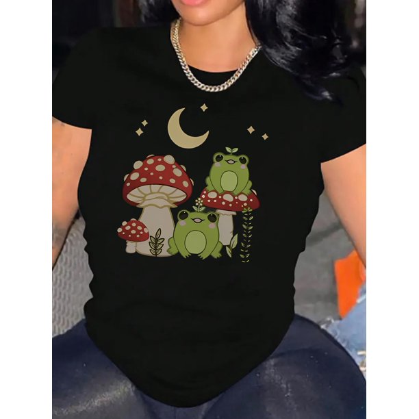 Camiseta de mujer de verano con Cuello RedondoWomen's Casual Geometric Print T-Shirt with Mushroom, Frog, and Moon Design - Polyester Knit Fabric, All-Season Comfort, Round Neck, Elasticity, Abstrac